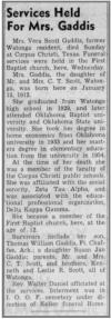 Obituary in Watonga Newspaper for Vera Scott Gaddis