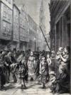 A drawing showing the street life on Drury St at the entrance to Feathers Court.
