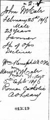 John McCabe, son of Widow Mary McCabe, Death Certificate