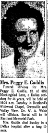 Death Announcement for Peggy Gaddis, Dallas Tx